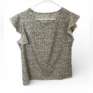Emery Rose Floral Flutter Sleeve Blouse Blue Green Size Small NWOT
